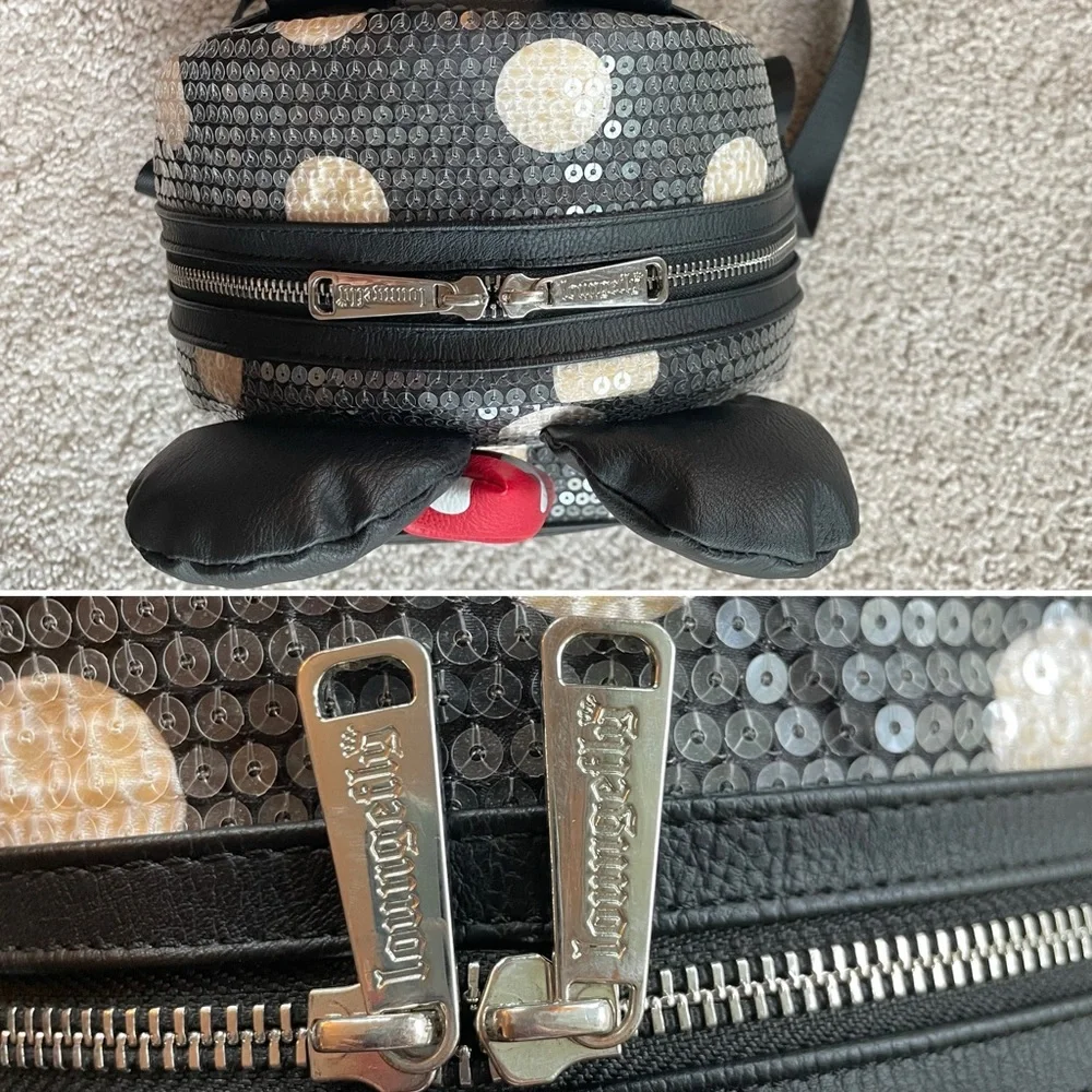 Disney Parks Loungefly Sequin Minnie Mouse Red Black Bow Polka Dots Backpack